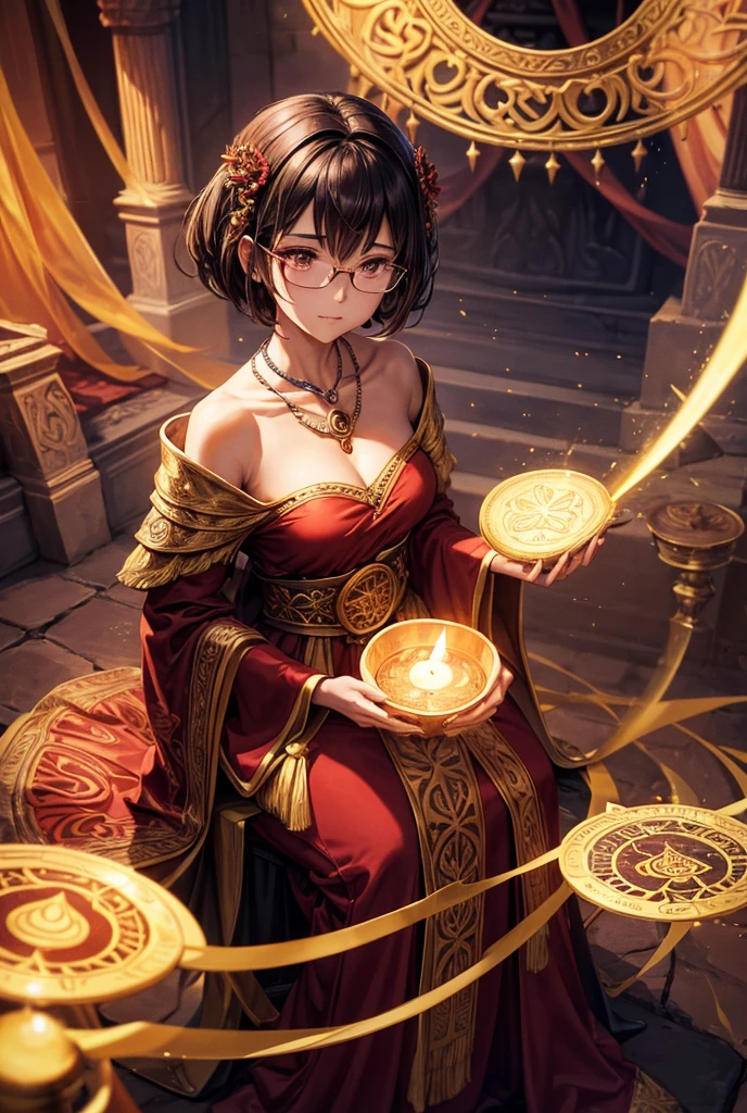 A detailed image of Velma from Scooby-Doo, reimagined as a priestess. She is dressed in flowing, ceremonial robes in shades of deep red and gold, adorned with intricate patterns that suggest ancient symbols of knowledge and wisdom. Her robes have long, wide sleeves, and she wears a golden sash around her waist. Velma’s signature round glasses remain, adding a unique touch to her mystical appearance. Her short brown hair is partially covered by a hooded cloak, which drapes elegantly over her shoulders.
She holds an ancient tome in one hand, filled with arcane knowledge, while her other hand is raised as if casting a spell or offering a blessing. Around her neck is a pendant with a mysterious symbol, glowing faintly with magical energy. The background shows a sacred temple or altar, illuminated by the soft glow of candles and mystical light. Velma’s expression is calm and wise, reflecting her deep understanding of the mystical arts, yet still retaining the analytical curiosity that defines her character. The overall atmosphere is one of ancient knowledge and spiritual power, with Velma as a learned and powerful priestess.