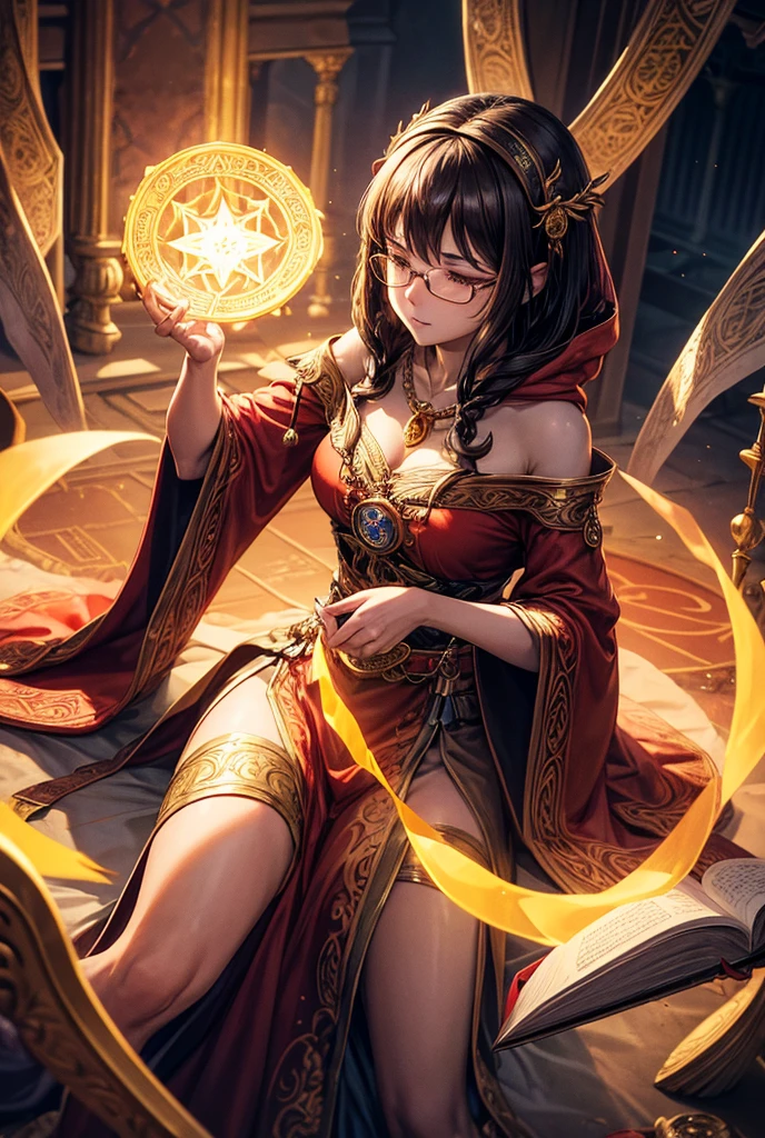 A detailed image of Velma from Scooby-Doo, reimagined as a priestess. She is dressed in flowing, ceremonial robes in shades of deep red and gold, adorned with intricate patterns that suggest ancient symbols of knowledge and wisdom. Her robes have long, wide sleeves, and she wears a golden sash around her waist. Velma’s signature round glasses remain, adding a unique touch to her mystical appearance. Her short brown hair is partially covered by a hooded cloak, which drapes elegantly over her shoulders.
She holds an ancient tome in one hand, filled with arcane knowledge, while her other hand is raised as if casting a spell or offering a blessing. Around her neck is a pendant with a mysterious symbol, glowing faintly with magical energy. The background shows a sacred temple or altar, illuminated by the soft glow of candles and mystical light. Velma’s expression is calm and wise, reflecting her deep understanding of the mystical arts, yet still retaining the analytical curiosity that defines her character. The overall atmosphere is one of ancient knowledge and spiritual power, with Velma as a learned and powerful priestess.