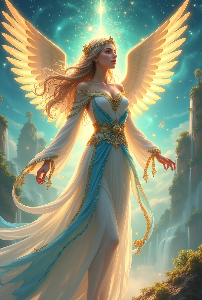 ****Wings: Symmetrical angel wings extending from the back, with a mix of gold, blue, and green (1:1.8)****  
****Color: Gold (Main 1), Blue (Main 2), Green (Main 3), Emerald Green, Light Blue, Yellow, Silver, Deep Red, Purple, Orange, Pink (1:1.4)****  
****Theme: The one who blesses and protects this puppet until the end of destiny (1:2.0)****  
********  
Quality: Masterpiece, ultra-detailed, an extremely delicate and beautiful, detailed beautiful face and eyes, perfect hands, natural pose, smooth skin, accurate anatomy, ideal ratio body proportions, realistic fingers, golden ratio 1.5  
Resolution: Ultra high resolution, high Saturation:1.5, HD, 4K, 8K, 16K, color bit depth 24-bit, 48-bit  
Special: Cute illustration:1.6, abstract, hyper-realistic, ultra detailed illustration  
Number of characters: Ultra-ultimate beautiful one woman  
Atmosphere: Serene and ethereal, with a touch of mysticism  
Style: Realistic fantasy with intricate details  
Power Words: Artistic and ultimate, strongest and perfect, extraordinary, groundbreaking, astonishing, overwhelming, original, pioneering, innovative  
Sub-theme: Details and beauty beyond reality, clear boundaries, extremely detailed and beautiful  
Worldview: A celestial realm with floating islands and shimmering waterfalls  
Additional Elements: Glowing runes and magical particles surrounding the character  
Score_9, Score_8_up, Score_7_up, Source_anime  
Movement Details: Graceful and fluid, as if in mid-flight  
Emotion and Expression: Calm and serene, with a gentle smile  
Perspective: Slightly elevated, looking down at the character  
Composition: Central composition with the character as the focal point  
Background Details: A celestial realm with floating islands, shimmering waterfalls, and a starry sky  
Costume Details: Flowing robes with intricate patterns and golden accents  
Body Type: Slender and elegant, with well-defined muscles  
Hairstyle and Color: Long, flowing hair in shades of silver and blue  
Poss