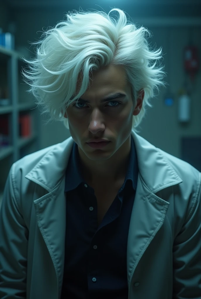 Generates A scientist, white-haired but young adult, that is A little realistic,Let the background be Mysterious in a laboratory,That the scientist is as if worried, that focuses on only the, That he is handsome and that his face is visible and he is straight, more mysterious and dark