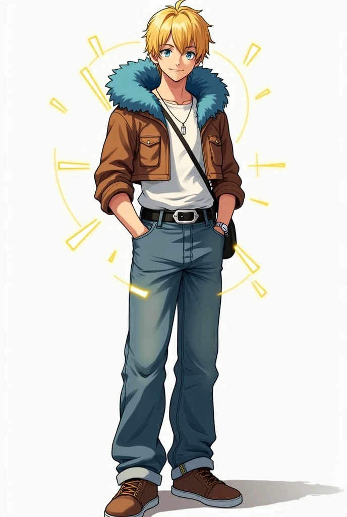 short hair, blond hair, Love, necessary, The best quality, eyes the color of honey, anime, adolescent, man, attractive, straight hair, smile, presumed, simple background, Brown cropped leather jacket with blue polar fur on the hood, black and silver belt, silver necklace, white t-shirt tucked into pants, leather satchel, baggy jeans, brown sneakers, yellow energy particles around his hands, anatomically correct, anime, Whole body, 