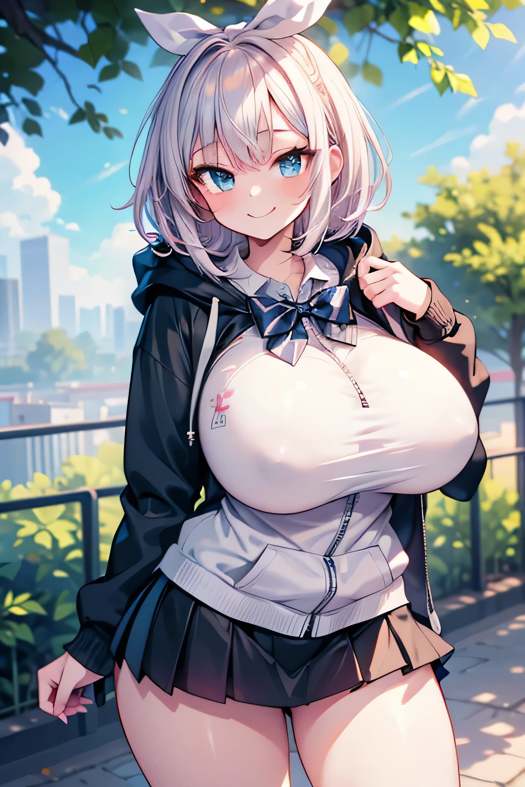 Anime illustration、High resolution、smile、A busty high school girl with ???????????? shows off her sexuality in a natural park wearing a hoodie over her shirt、Bow ribbon tie、mini skirt、Perfect proportions、Cowboy Shot、Plump thighs、Sharp Eyes、Sweaty