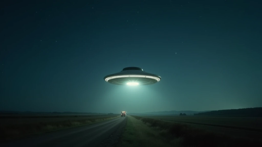 Cinematic, Landscape Photography, a UFO hovering in the sky over a rural area, Mystery and Awe, Open countryside with fields, Clear night with stars, Moonlight illuminating the scene, Wide-angle shot from a low angle, Slow upward pan, Soft rim lighting on the UFO, Digital camera, High ISO film