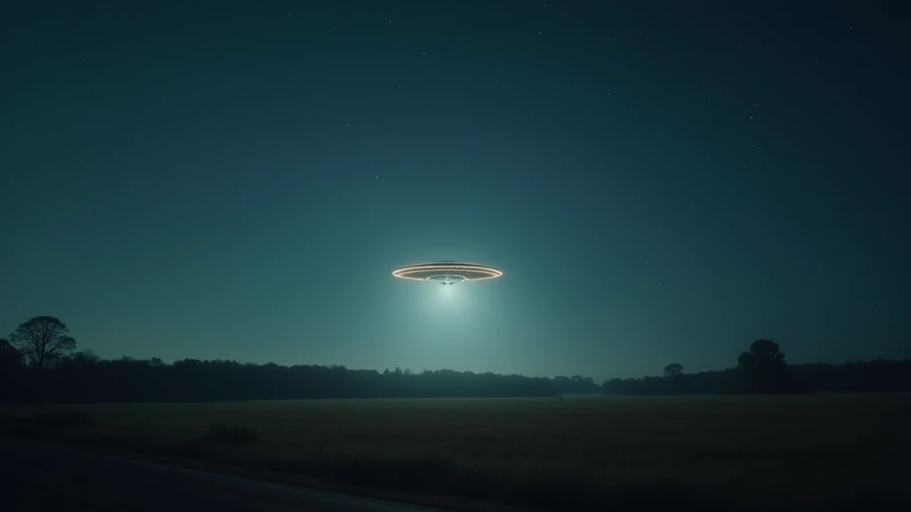 Cinematic, Landscape Photography, a UFO hovering in the sky over a rural area, Mystery and Awe, Open countryside with fields, Clear night with stars, Moonlight illuminating the scene, Wide-angle shot from a low angle, Slow upward pan, Soft rim lighting on the UFO, Digital camera, High ISO film  