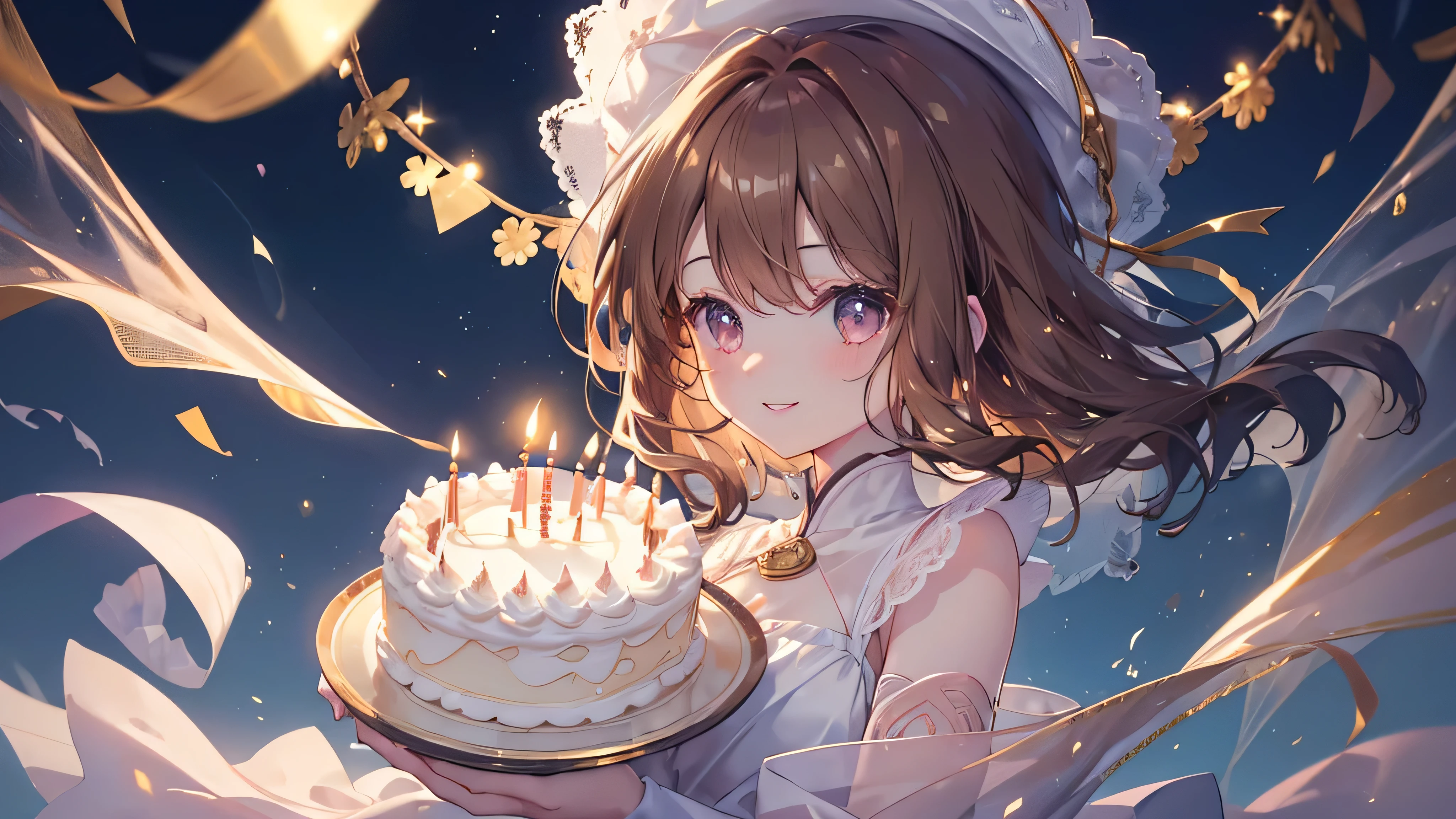 ((Highest quality、masterpiece、Ultra-fine、Ultra-fine、Exquisite、Golden Ratio,16K、Brown Hair,The best smile,Full HD、The night when your smile shines, wrapped in soft light )), (profile,Face blowing out candles on a birthday cake,One person))Long eyelashes、White skin、(Pale pink lips、Pale pink cheeks、thin and long)、((One person)),Birthday Party -,The night when your smile shines, wrapped in soft light 