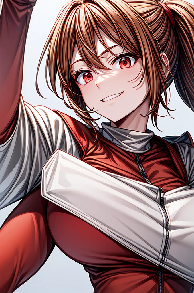 solo, alone, ((original design)), red bodysuit, (padded vest), (white lab coat), brown hair, medium hair, ponytail, red eyes, smirk, amused, huge breasts