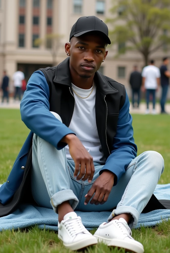 best qualityer:1.4), (ultra high resolution:1.2), (photorrealistic:1.4), (8k, CRU photo:1.2), a thin young man of 20 years old, skin black, with a smooth, beardless face, corte de cabelo buzzcut, He's wearing a black cap. He's wearing a white shirt. He is wearing a basic coat in black and blue.. He's wearing light jeans. He's wearing white sneakers. Sitting on the grass in a simple park. thin build sem músculos. Seductive face for the camera. thin build. Scrawny. A thin person. He's wearing a black cap. There are people in the background. It's sunny. He is sitting on a cloth spread out on the grass..