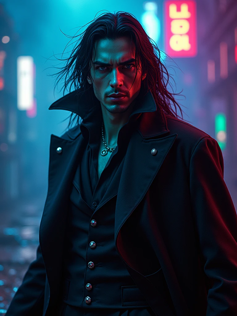(Alucard, striking digital artwork, vibrant neon green, electric blue, vivid purple, otherworldly mystique and intensity, captivating visual impact, iconic features and character traits, stoic demeanor, supernatural abilities, dynamic poses, expressive facial expressions, enigmatic nature, depth and atmosphere, immersion and intrigue, atmospheric tension, supernatural allure, high detailed skin, 8k uhd, dslr, soft lighting, high quality, film grain, Fujifilm XT3)