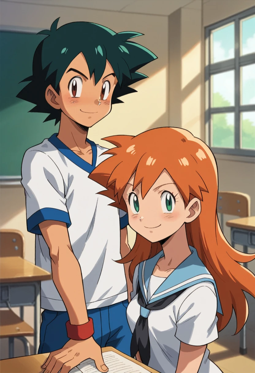  1boy, ash ketchum, black hair, brown eyes, ash ketchum, white t-shirt, School uniform, handsome boy, macho, good looking boy 1girl, misty pokemon, green eyes, orange hair, long hair, hair down, white t-shirt, school uniform, pretty, beautiful girl photograph of a 1 couple, inside a school classroom, confident smile, deep and vibrant colors, looking at the viewer, simple and neutral background, pretty 