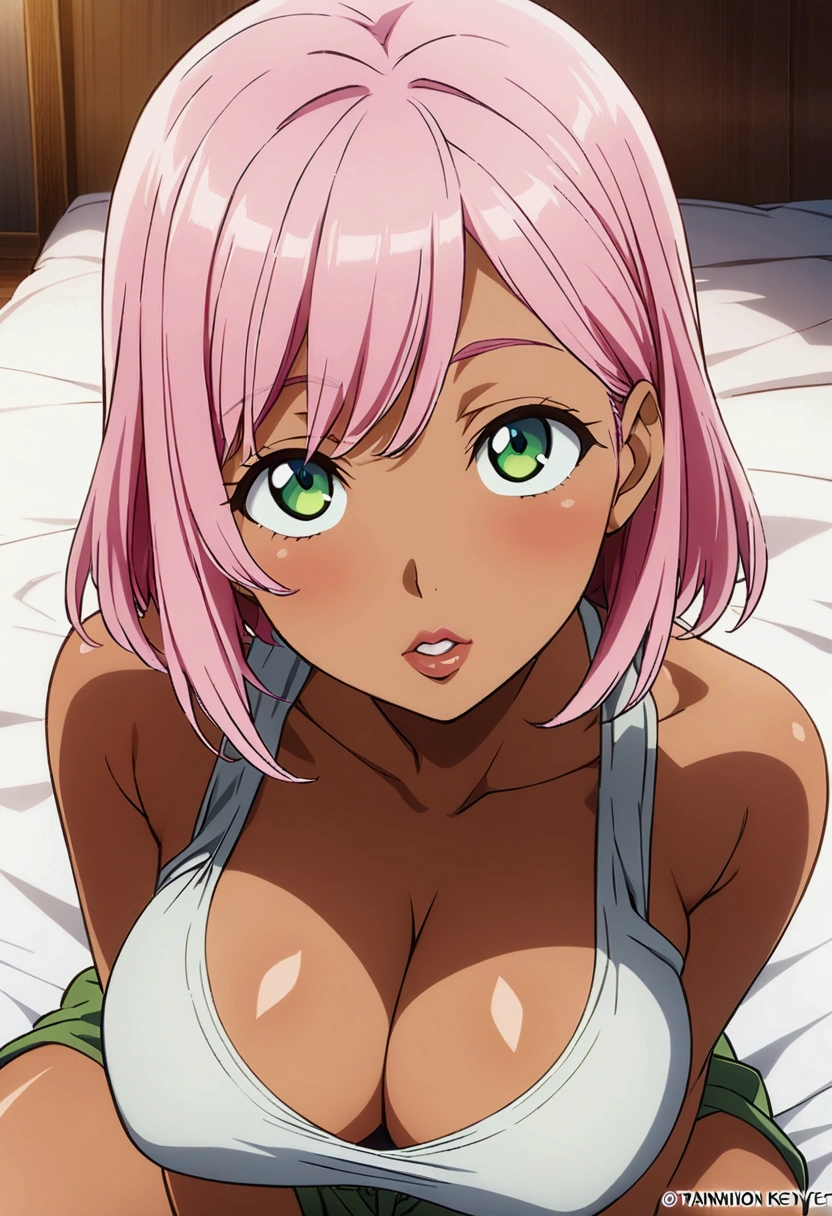 (Anime, masterpiece) ((1 female)) relaxed fashion, sitting on bed, looking up at camera, ((large breasts)), kyoto animation key art, fine details, beautiful, ((tanned skin)), skin tight clothes, grey tank top, green shorts, exposed cleavage, pink hair, rich lips, big green detailed eyes, lewd