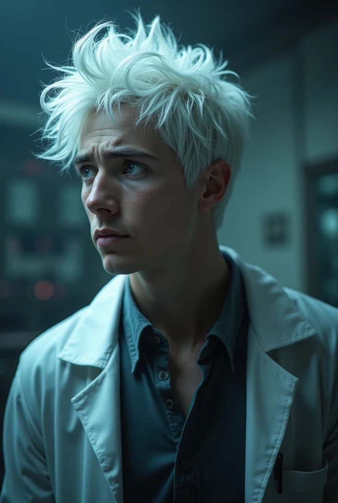 Generates A scientist, white-haired but young adult, that is A little realistic,Let the background be Mysterious in a laboratory,That the scientist is as if worried, that focuses on only the, That he is handsome and that his face is visible and he is straight, more mysterious and dark