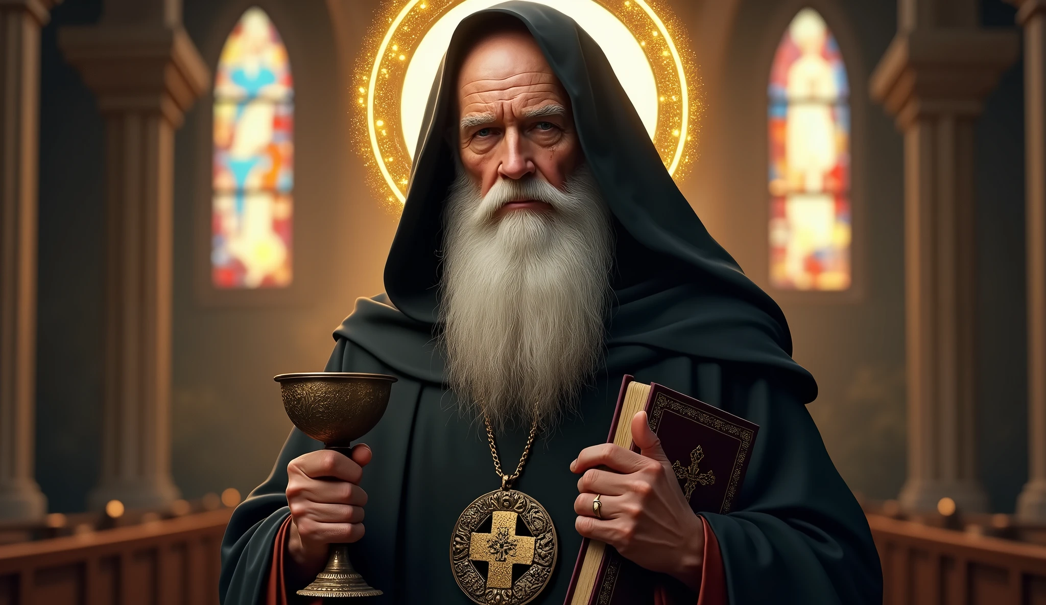 ultra realistic image of bald saint benedict with a long white beard, black hooded cape, calm and firm look, with his medal with the cross of Saint Benedict, a bronze chalice and a bronze staff with a snail's tip, in the pocket a bible, around his head a lighted halo, convey depth, in the background stained glass windows of a European church