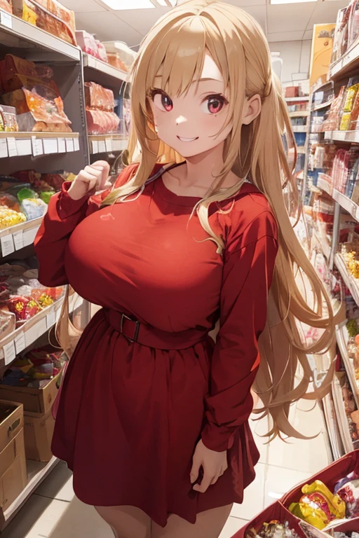1 female, age girl, red long sleeve dress, blonde long hair, rosa cheeks, doll store, happy face, huge breast, candy, sodas