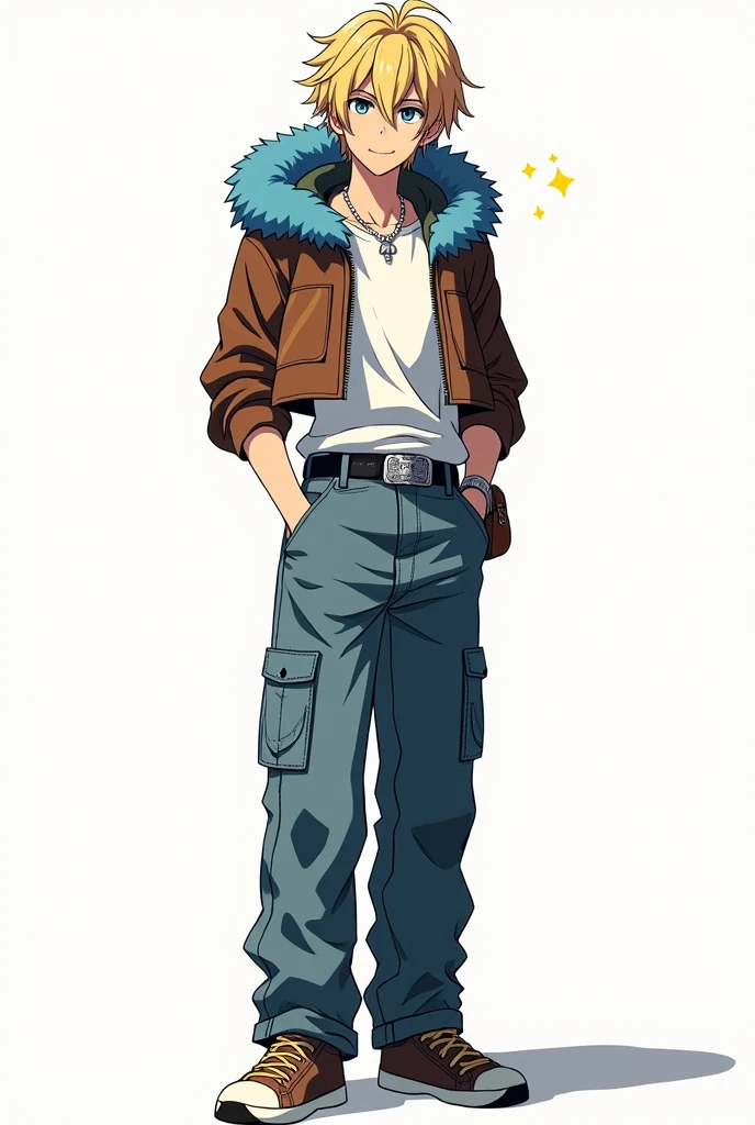 short hair, blond hair, Love, necessary, The best quality, eyes the color of honey, anime, adolescent, man, attractive, straight hair, smile, presumed, simple background, Brown cropped leather jacket with blue polar fur on the hood, black and silver belt, silver necklace, white t-shirt tucked into pants, leather satchel, baggy jeans, brown sneakers, yellow energy particles around his hands, anatomically correct, anime, Whole body,