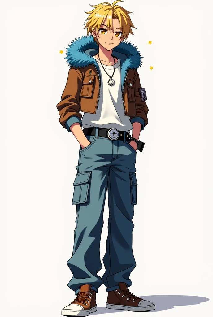 short hair, blond hair, Love, necessary, The best quality, eyes the color of honey, anime, adolescent, man, attractive, straight hair, smile, presumed, simple background, Brown cropped leather jacket with blue polar fur on the hood, black and silver belt, silver necklace, white t-shirt tucked into pants, leather satchel, baggy jeans, brown sneakers, yellow energy particles around his hands, anatomically correct, anime, Whole body,