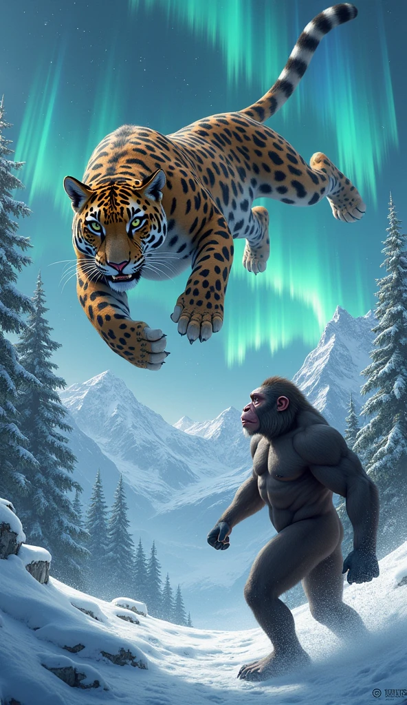 The Jaguar jumps from the sky against the backdrop of snowy mountains and aurora skies, revealing its powerful body and fierce expression.   Below, a muscular monkey raising his arms in a defensive position also shows a strong expression.   The opposite word in the lively comic font is in the middle between the two animals, showing a strong confrontation.   Snow and ice cover the ground, increasing the forest cooling.