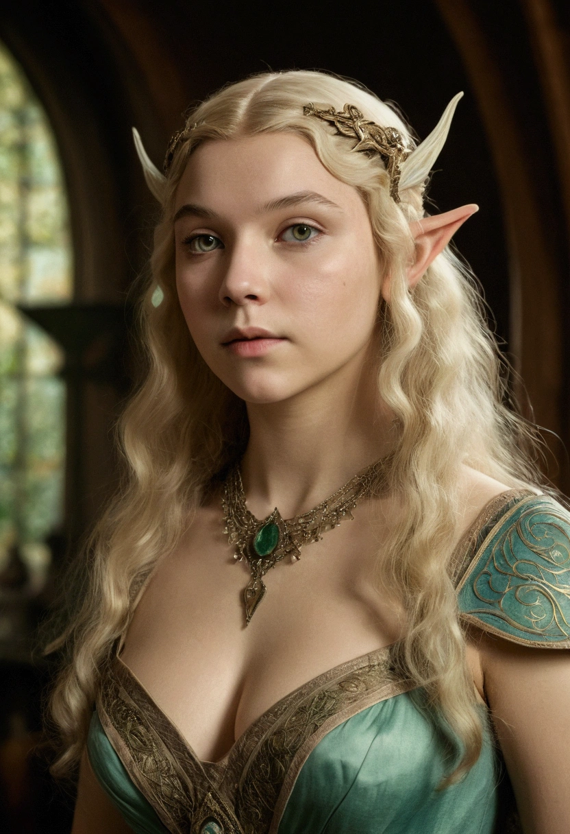 1910s analog film photograph, colorized photo of an elven maiden, 18-years-old, amazonian stature, thick-fit hourglass figure, busty breasts, toned, athletic, wearing a victorian traveling dress, warm almond complexion, pointy elf ears, platinum blonde hair, thick curly bangs, resembles Margaery Tyrell, standing in a manor drawing room, RAW Photograph, dslr, soft lighting, high quality, film grain, Fujifilm XT3, detailed skin with visible pores, insane details, masterpiece, 8k, 35mm photograph, faded film, desaturated, grainy, vintage, Lomography, stained, highly detailed, found footage, long elven ears