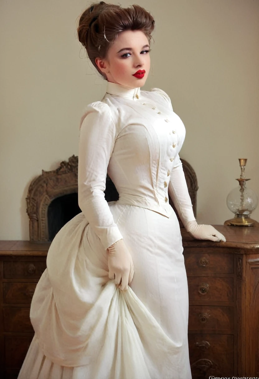 (((NSFW))). A sexy 15yo ginger Gibson Girl (((sodomized by a horny 69yo gentleman:1.5))). Year 1900. 1900_dr3ss. White high-collar long sleeve shirtwaist, large hat, silk gloves, floor-length high-waisted skirt, petticoats, silk stockings, boots. Thotty demeanor. Hourglass figure. Large chest, 9in wasp waist, bubble butt. Gibson Girl updo, gorgeous face, red lips. Edwardian setting. Side view.