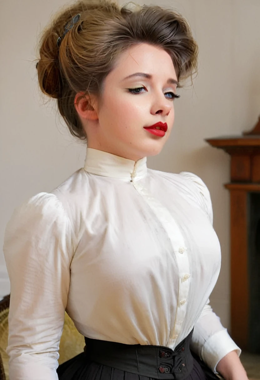 (((NSFW))). A sexy 15yo ginger Gibson Girl (((sodomized by a horny 69yo gentleman:1.5))). Year 1900. 1900_dr3ss. White high-collar long sleeve shirtwaist, large hat, silk gloves, floor-length high-waisted skirt, petticoats, silk stockings, boots. Thotty demeanor. Hourglass figure. Large chest, 9in wasp waist, bubble butt. Gibson Girl updo, gorgeous face, red lips. Edwardian setting. Side view.