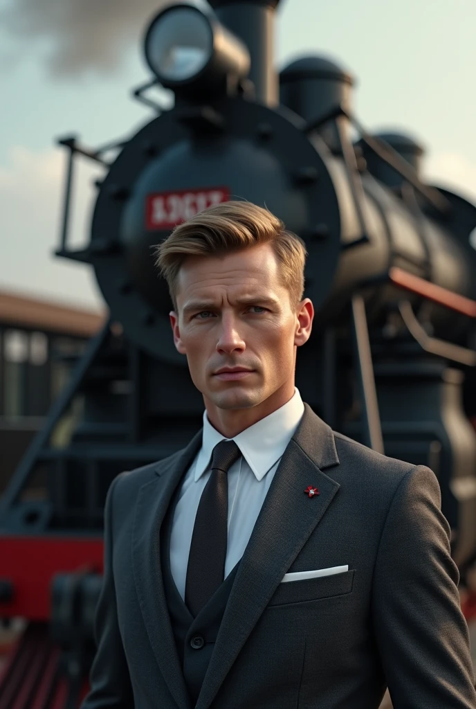 man, short hair, dressed in an elegant suit, looking at the camera, a locomotive behind, photorealistic