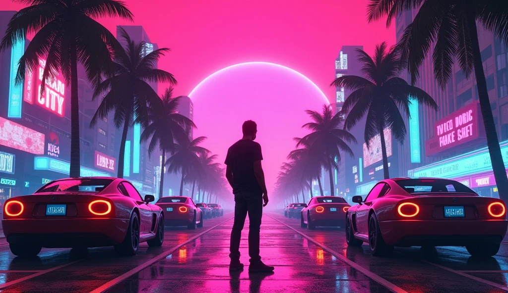 Vice City GTA, pink sky background with palm tree