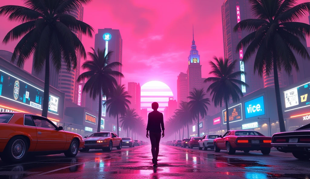 Vice City GTA, pink sky background with palm tree