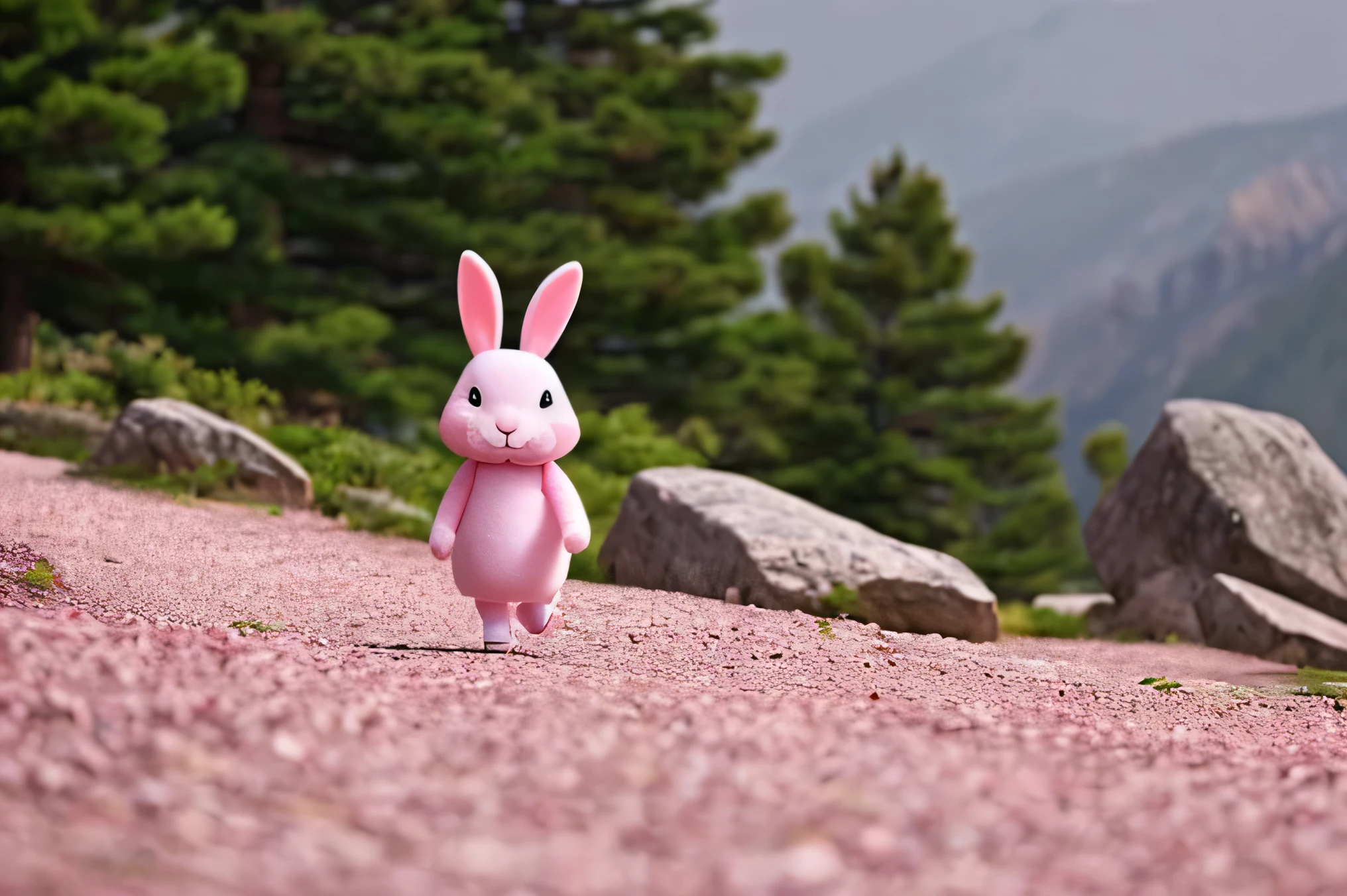 A cute walking pink rabbit、Bipedal walking、The background is rocky mountains
