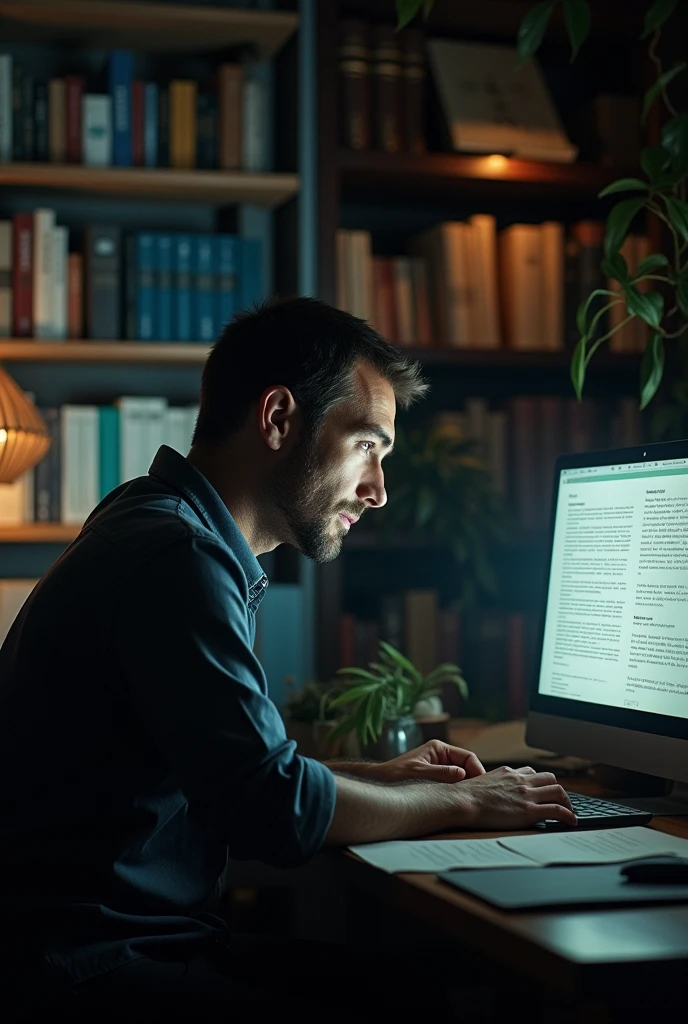 A man in front of a computer undertaking and studying