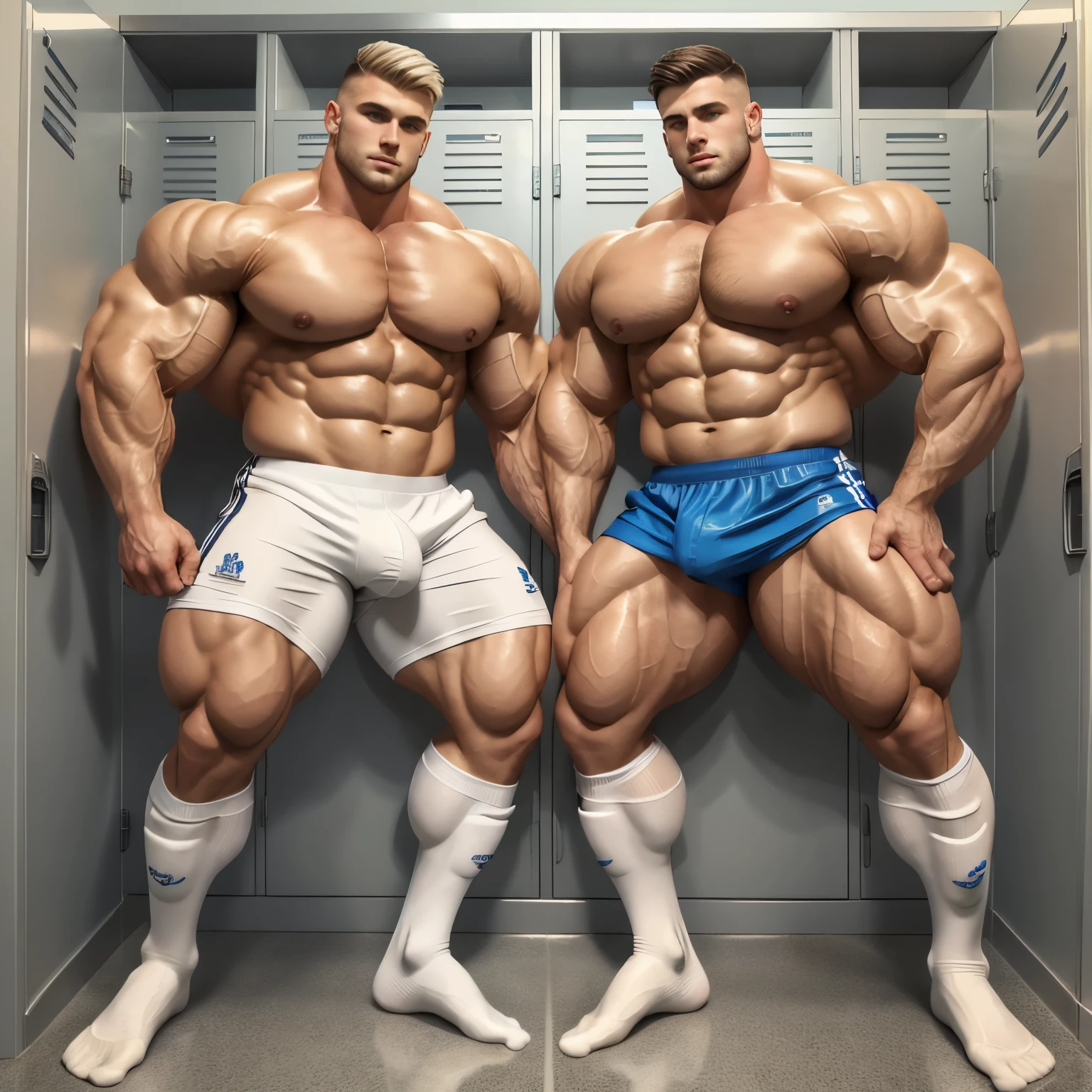 full view full body, 2 different handsome white european muscular college boys with undercut clean haircuts, over-bloated and over-inflated pecs, biceps, shoulders, in shiny silky soccer jerseys, soccer shorts, white high  soccer long socks, no shoes, loving in college locker room, bulges and pecs are touching