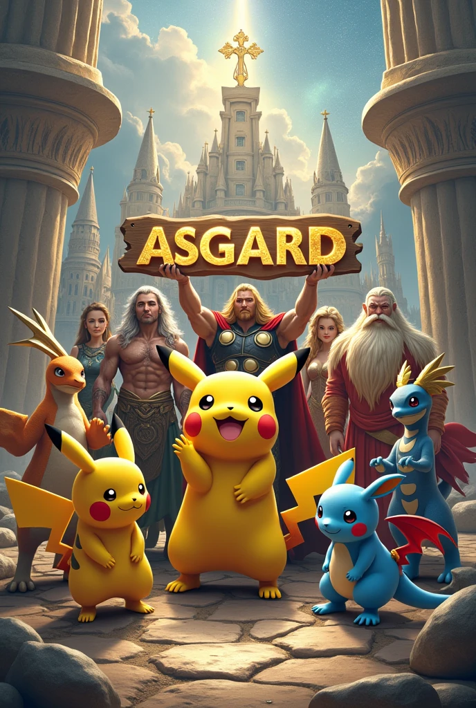 Pikachu and other Pokemons and Gods of Asgard HOLDING A VERY BEAUTIFUL SIGN IN BOLD WITH THE NAME ASGARD
