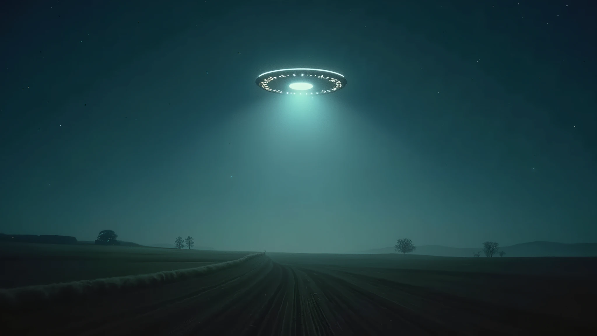 Cinematic, Landscape Photography, a UFO hovering in the sky over a rural area, Mystery and Awe, Open countryside with fields, Clear night with stars, Moonlight illuminating the scene, Wide-angle shot from a low angle, Slow upward pan, Soft rim lighting on the UFO, Digital camera, High ISO film