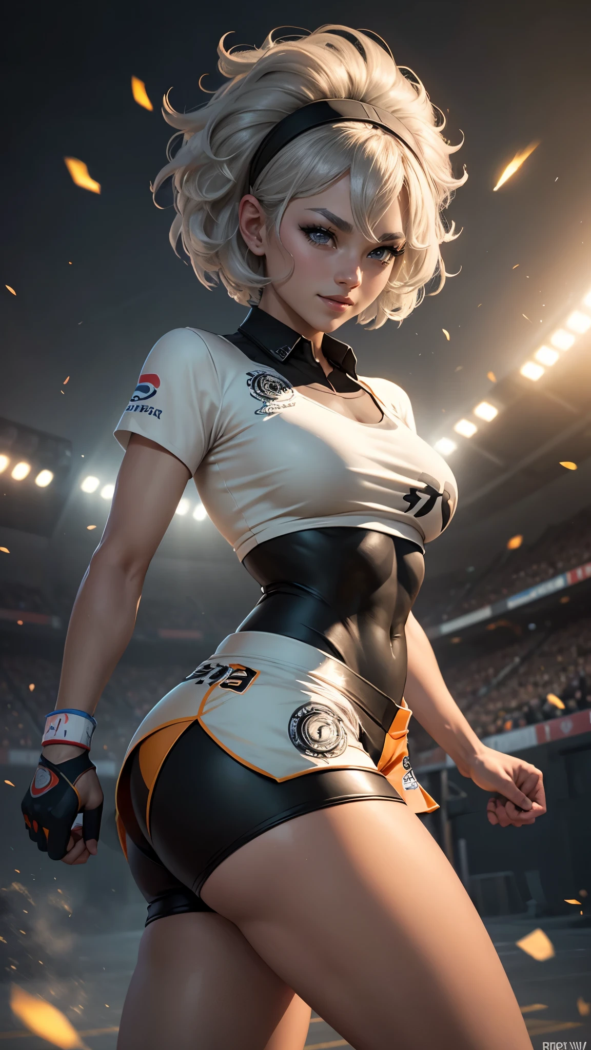 Bea da pokemon,(best qualityer,4K,8k,high resolution, work of art:1.2)(weather: windy), sport stadium background, short curly hair, gray hair, cropped shirt, micro shorts, thigh high stockings, headband, gloves, leotard, ultra detailed, realistic, beautiful detailed gray eyes, beautiful detailed lips, extremely detailed eye and face, long eyelashes, average, large breasts, flying hair, beaming smile, powerful girl in a combat, karate stance, high kick, bright coloured, dramatic lighting,