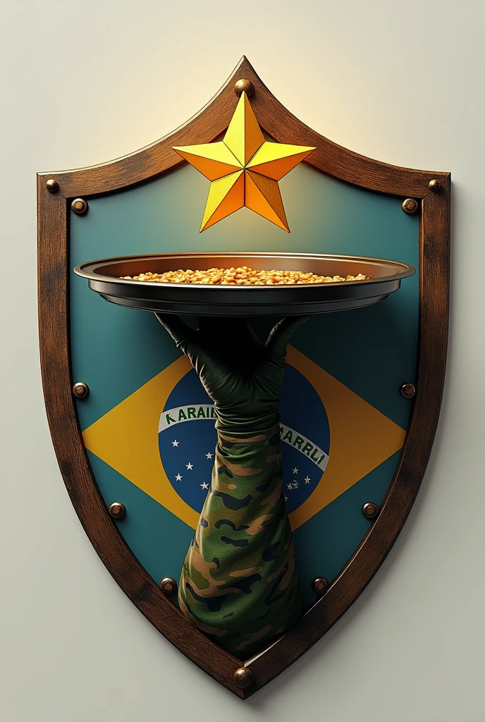 Shield with a hand in Brazilian army camouflage clothing holding an open waiter's tray with an army star floating on it