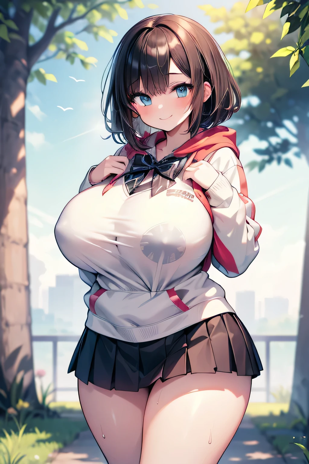 Anime illustration、High resolution、smile、A busty, chubby, lewd high school girl shows off her sexuality in a natural park while wearing a hoodie over her shirt、Bow ribbon tie、mini skirt、Perfect proportions、Cowboy Shot、Plump thighs、Sharp Eyes、Sweaty