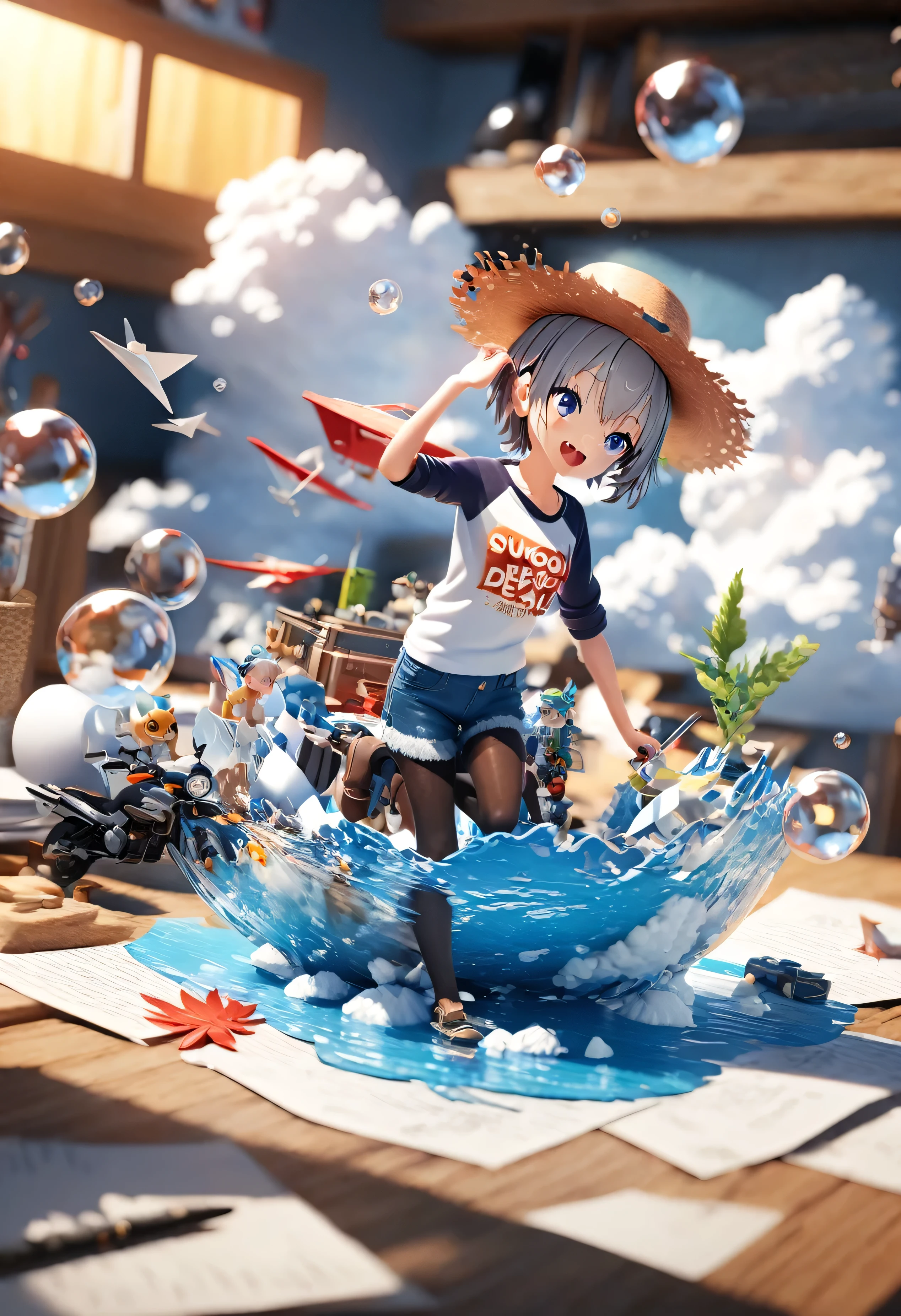 There is a suitcase with a straw hat on top, clouds, atmosphere, leaves, chrysanthemums floating in the air, paper airplanes, (miniature: 1.2), 2.5d illustration, 3d rendering, 3d modeling, bubble matt, trend in behans 3d art, trend in behans 3d art, 3d illustration, 3d illustration, 3d illustration, commercial illustration, cinema 4d color rendering, 3d rendering stylization, stylized digital illustration, 3d stylized scene, stylized 3d rendering, uzaki hana, shirt, raglan sleeves, romaji text, clothes writing, long sleeves, denim shorts, pantyhose, fang, T-shirt,writting,T-shirt that says "Sugoi Dekai"