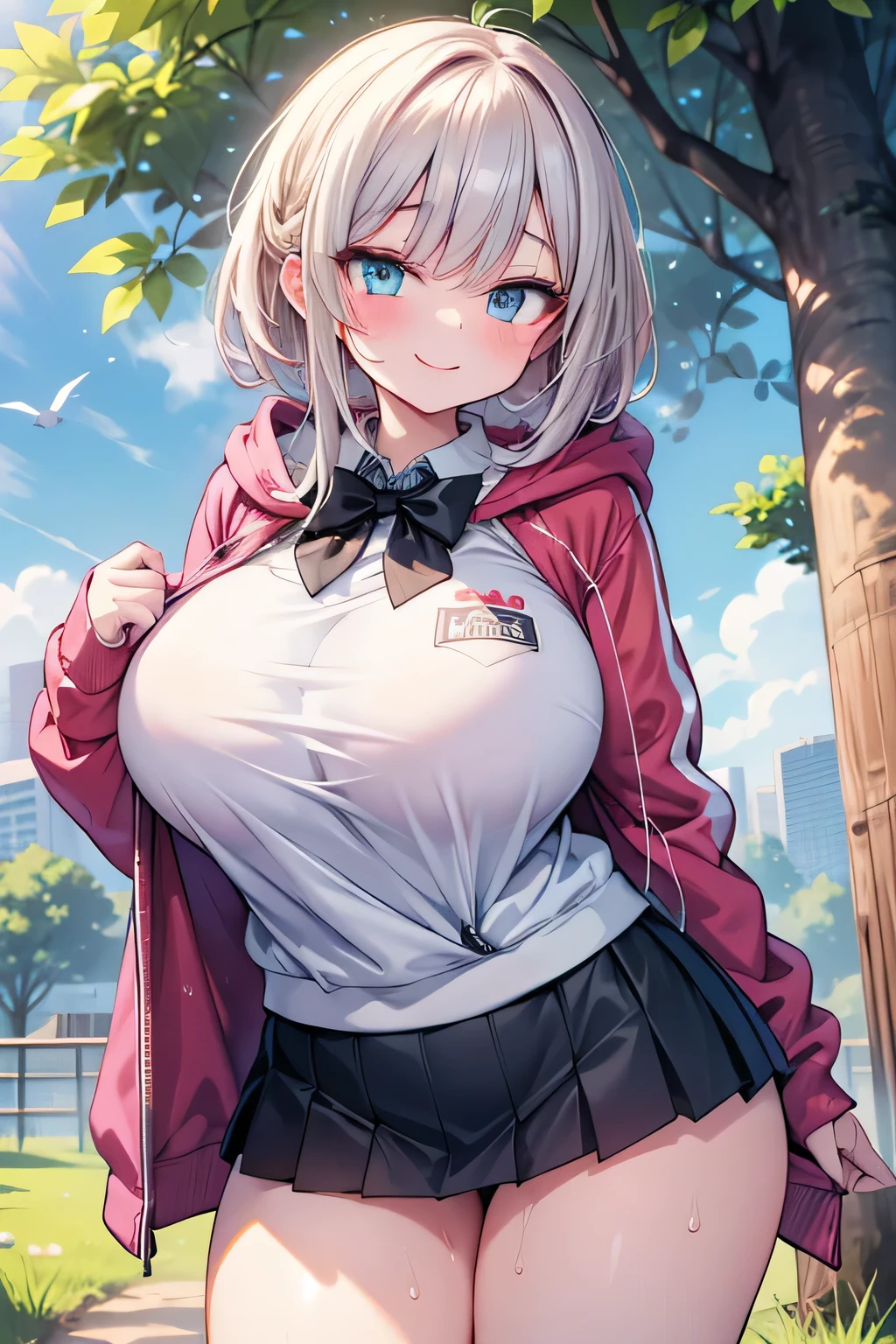 Anime illustration、High resolution、smile、A busty, chubby, lewd high school girl shows off her sexuality in a natural park while wearing a hoodie over her shirt、Bow ribbon tie、mini skirt、Perfect proportions、Cowboy Shot、Plump thighs、Sharp Eyes、Sweaty