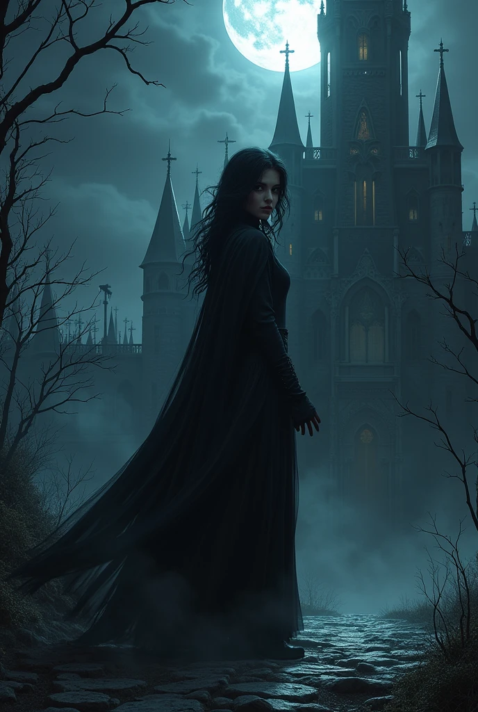 Female necromancer in her dark castle at night.