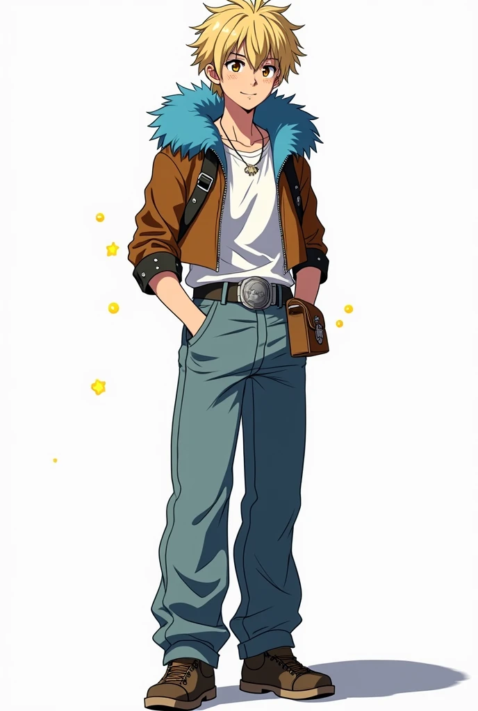 short hair, blond hair, Love, necessary, The best quality, eyes the color of honey, anime, adolescent, man, attractive, straight hair, smile, presumed, simple background, Brown cropped leather jacket with blue polar fur on the hood, black and silver belt, silver necklace, white t-shirt tucked into pants, leather satchel, baggy jeans, brown sneakers, yellow energy particles around his hands, anatomically correct, anime, Whole body, 