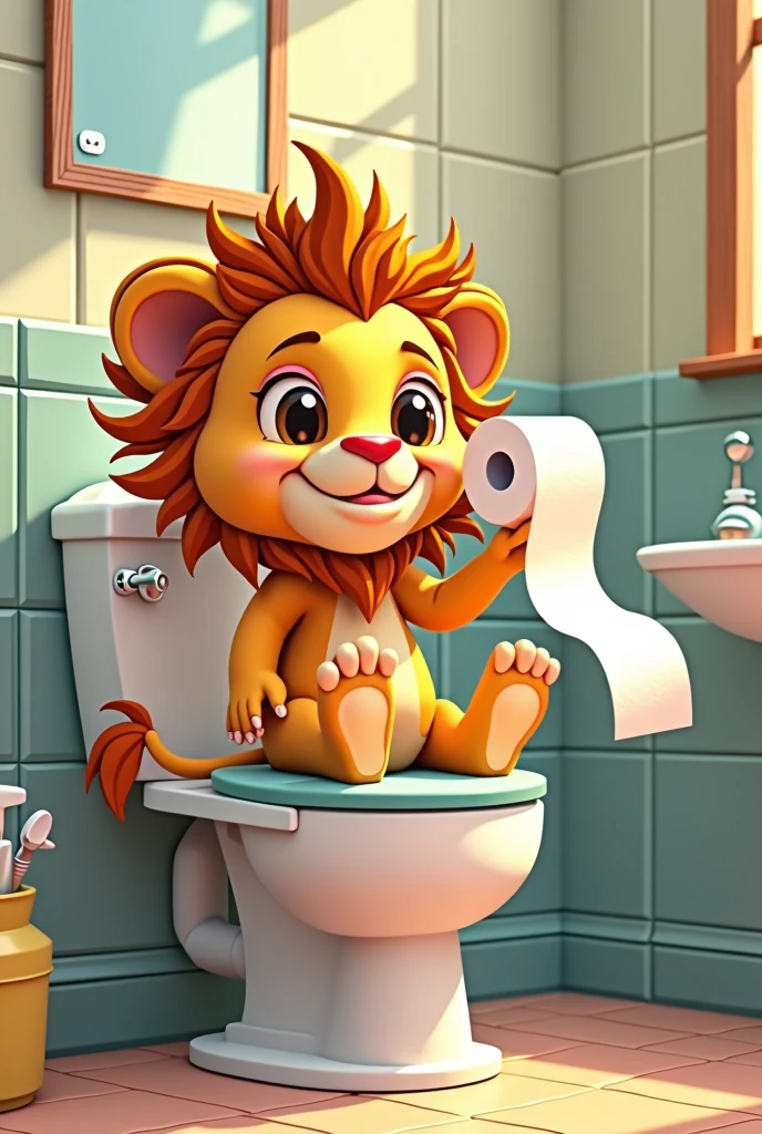 Comic lion child sitting on the toilet with tpilette paper in his hand