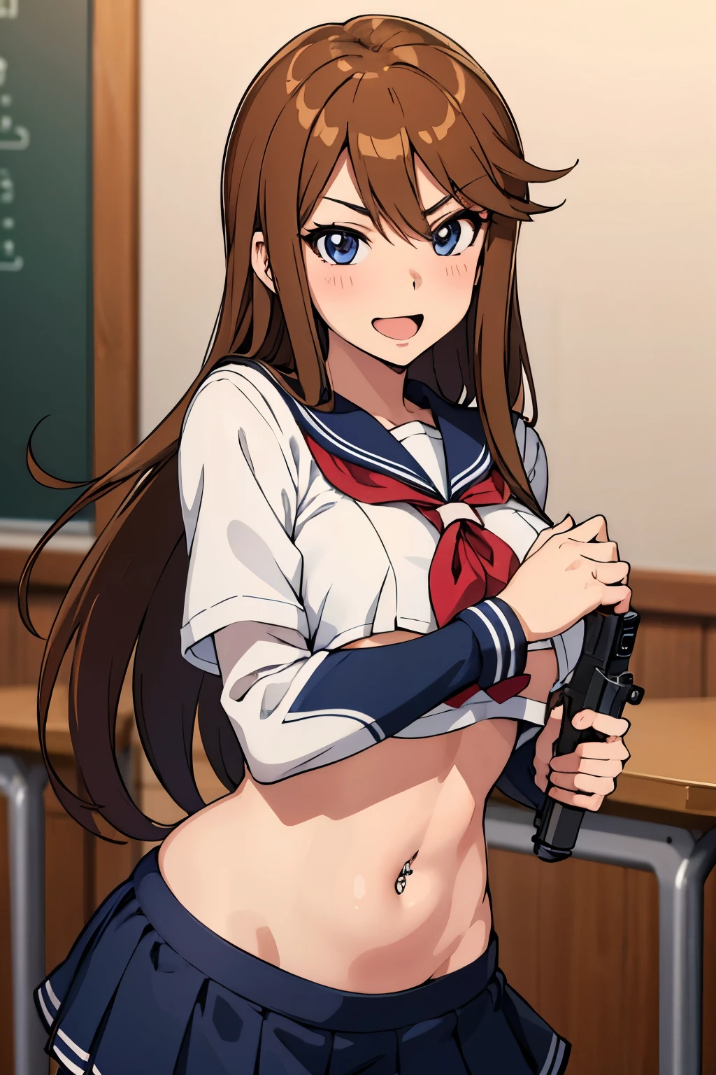 (masterpiece, best quality, ultra detailed), (perfect face, detailed face), (detailed background, complex background:1.2), full-face blush, smile, looking at viewers,
megumi tokoro,  long hair, blush, lipstick, long hair, Hot girl, baddie, staring, glaring, bad attitude, mean girl, crazy, smoking, masterpiece, best quality, highly detailed, a anime girls in sailor uniforms with a gun posing for a picture,
evil smile, smile, open mouth,black_serafuku, ecchi anime style, anime girls , (nsfw) not safe for work,
ecchi style, ecchi, shipgirls, digital anime art!!, high school girls, holding a gun, hold a gun, anime style 4
k, micro skirt, exposed belly, exposed navel, exposed midriff, holding pistol,underboob,
exposed lower belly,school, classroom, navel piercing