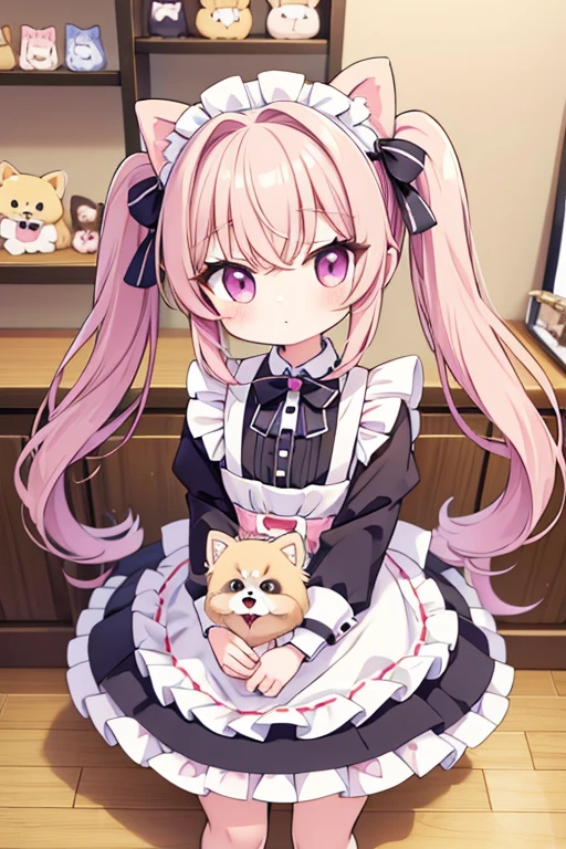 Highest quality,masterpiece,dogcafe,Girl clerk,Maid clothes,(Pomeranian,Multiple small dogs 1.3),Anime Style,cute,Twin tail hair,