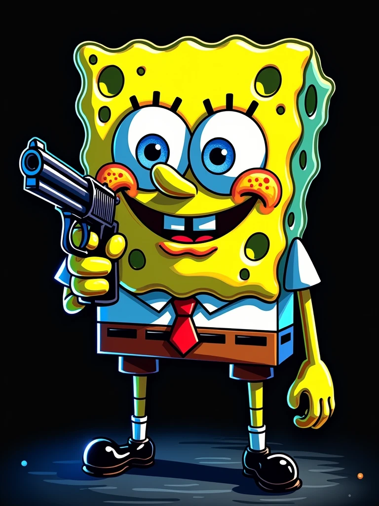 a big sticker of spongebob looking at the viewers with vivid eyes, holding a gun, noir vibes, on a simple black background, stickers, detailed