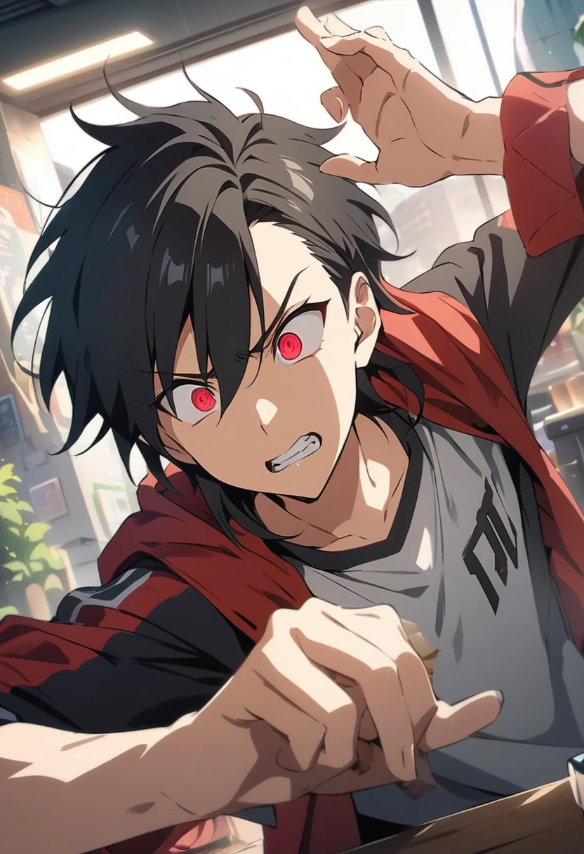 score up_9,score up_8,score up_7,source_anime,masterpiece,best quality,super fine illustration,20yo,sharp eyes,red eyes,black hair,commender,boy,cool
