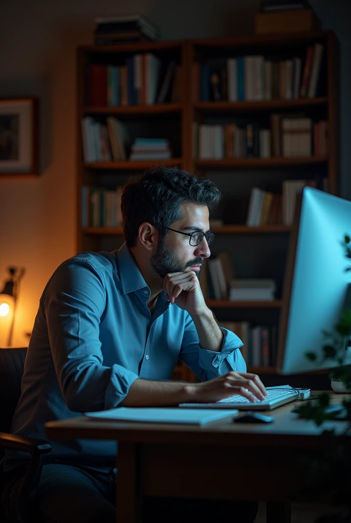 A man in front of a computer undertaking and studying