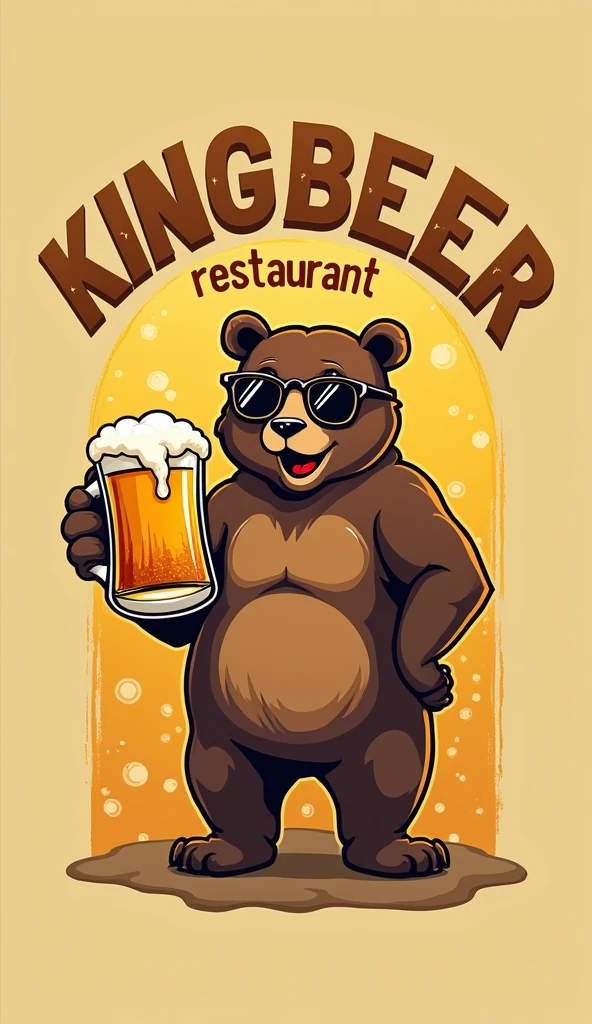 Design a warm-toned background, using shades like golden yellow or pastel yellow. At the center of the logo, place a large, masculine yet friendly bear figure. The bear should have a modern stylization with clean, bold lines. The bear wears round, trendy sunglasses that have a slight reflective sheen. In one hand, the bear holds a large, frosty beer mug, filled to the brim with beer and overflowing with foam. The bear's other hand rests casually on its hip, giving a relaxed and confident posture. The text "Kingbeer" should be prominently displayed at the top of the logo in large, bold letters. Use a vintage, retro-style font and emphasize the text with a gold color. Below the logo, in smaller, elegant lettering, add the word "Restaurant."