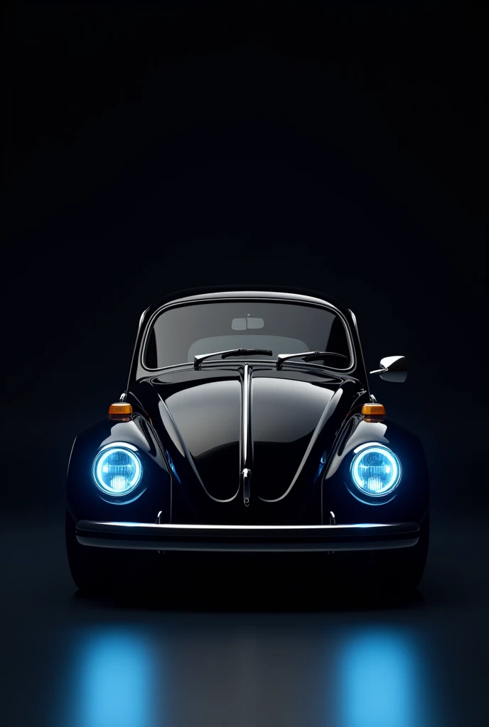 Create an image with a black background,of a black 1980 Beetle car,looking at the front half of the car,with the blue headlights