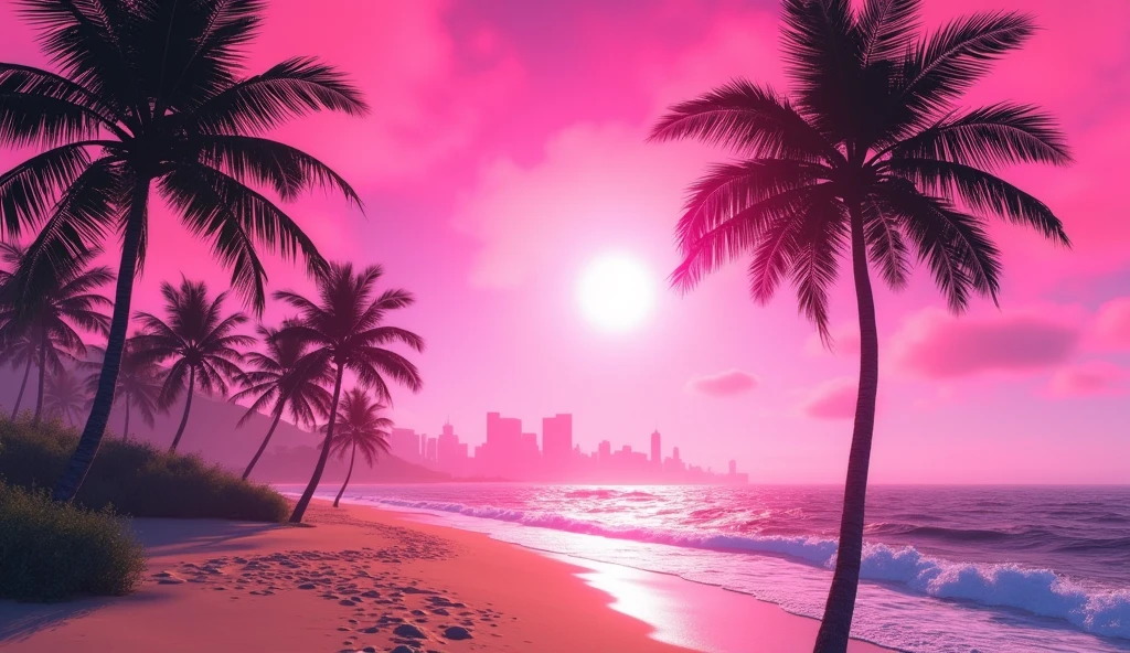 Vice City GTA, pink sky background with palm trees and a beach
