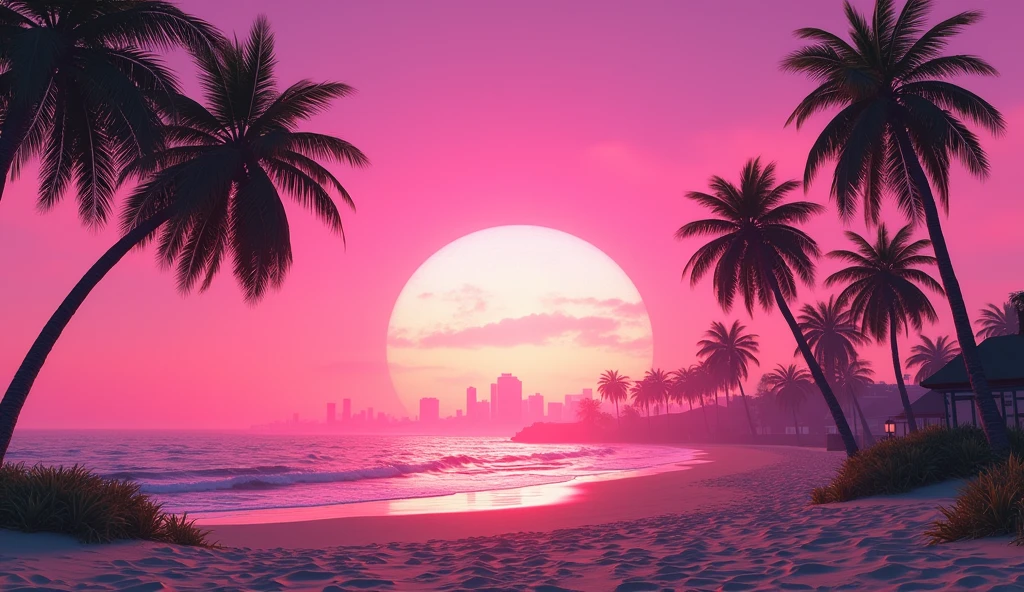 Vice City GTA, pink sky background with palm trees and a beach