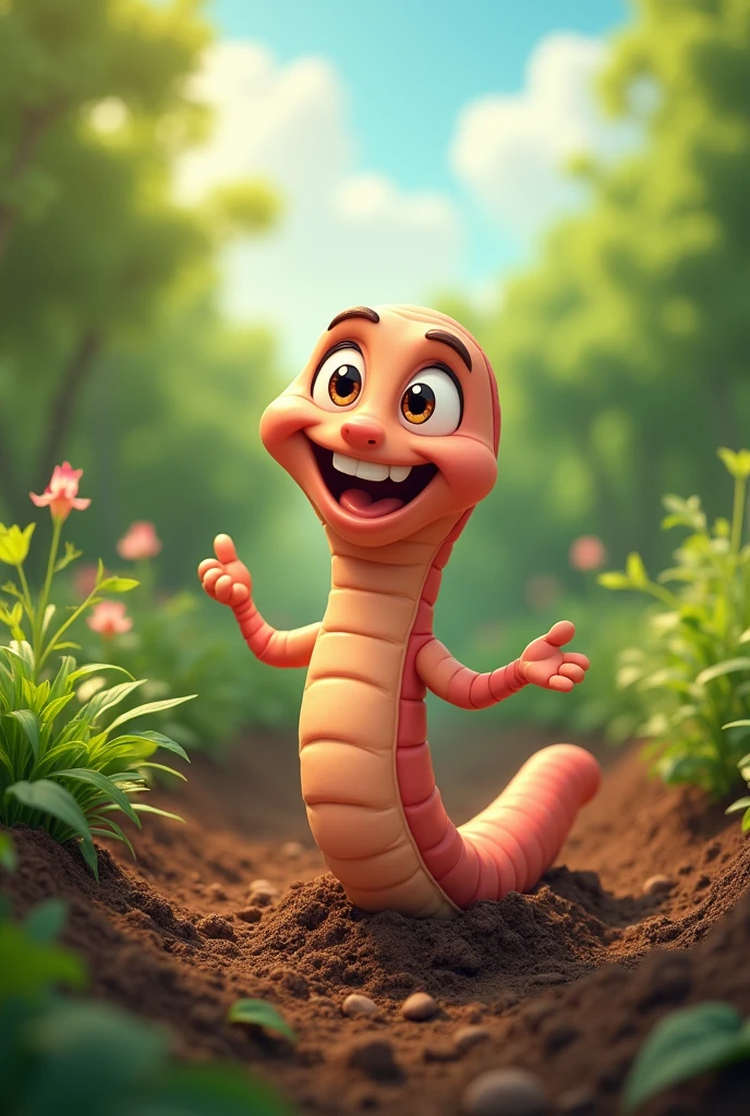 Earthworm mascot demonstrating the importance of keeping the soil healthy and preserved