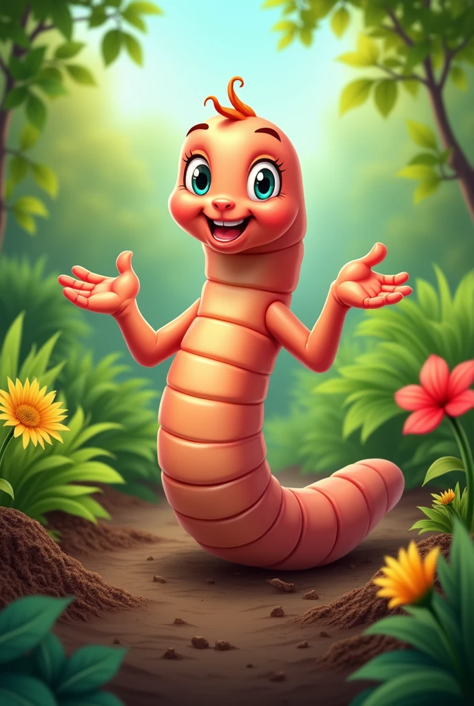Earthworm mascot demonstrating the importance of keeping the soil healthy and preserved